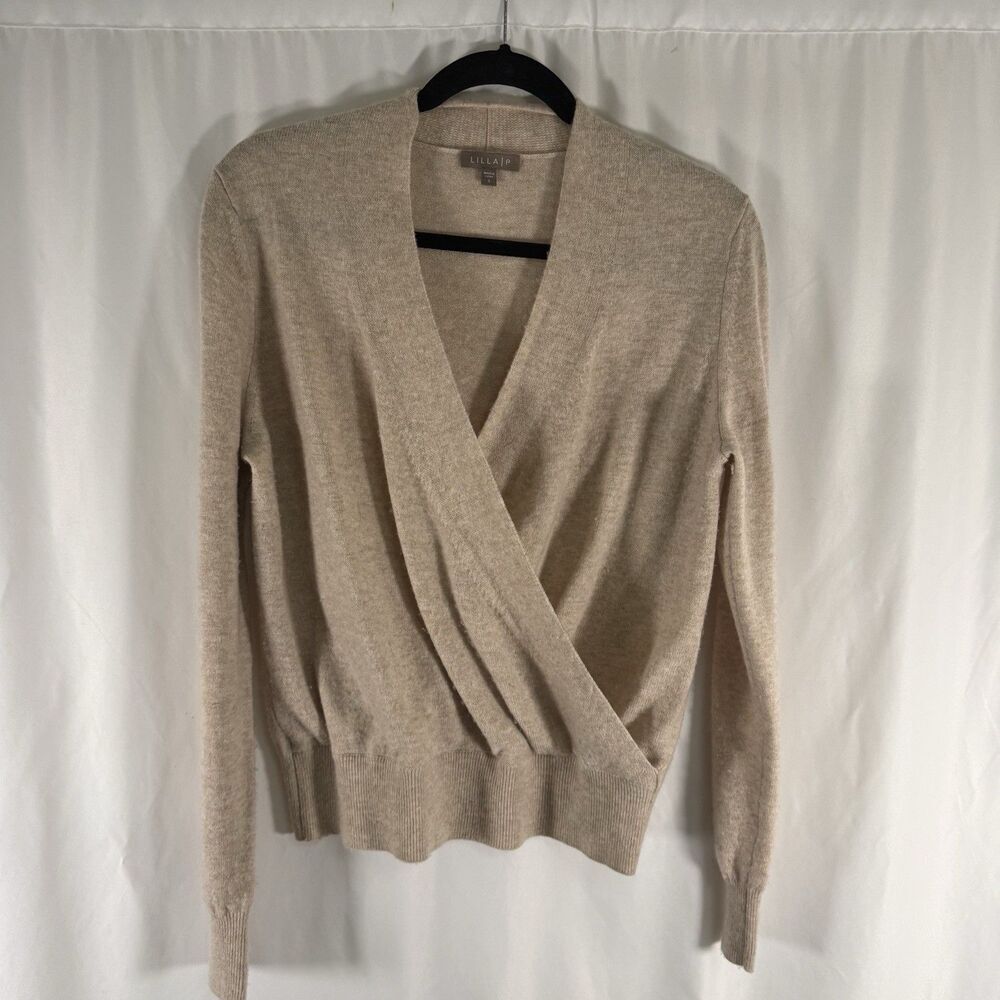 Lilla P Merino Wool Cashmere Blend Sweater Women's Small Beige Tan Knit V-Neck